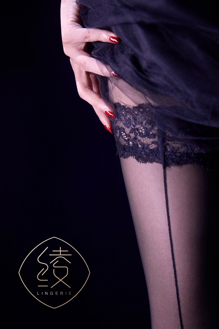 「String Backseam 弦」1D Backseam stockings 1D 背线蕾丝过膝长筒袜