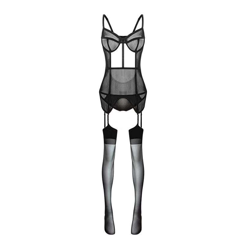 「Lust 倾衫」Multi-Piece Sheer Adjustable Bodysuit 轻薄黑色情趣连体衣内裤吊带丝袜